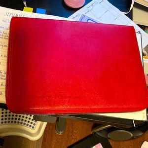 Ferragamo red File Folder.  Has space for 2 credit cards, a tablet and pockets.
